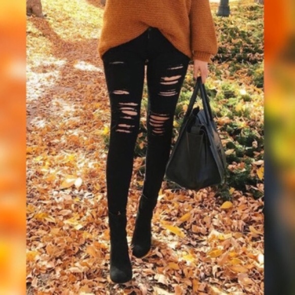 🌹BLACK SKINNY🌹 DISTRESSED HIGH WAISTED JEANS - Picture 2 of 2